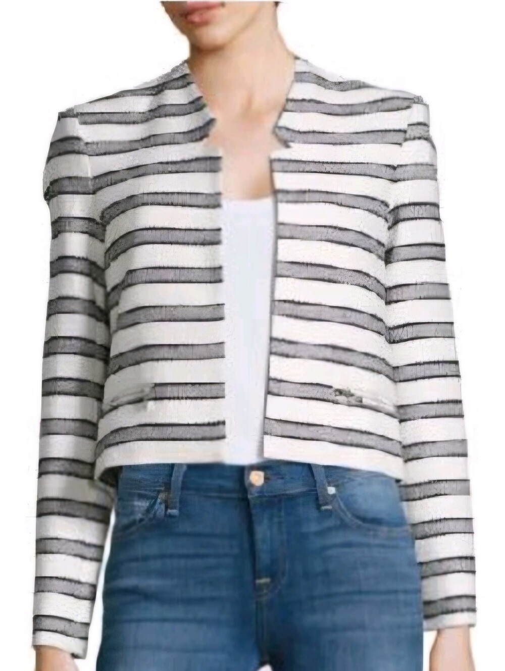 Calvin Klein White and Black Striped Open-Front Blazer